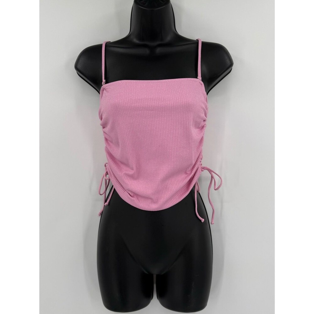 JMP The Label Ribbed Ruched Side-Tie Tankini Top | Sparkly Pink | Small